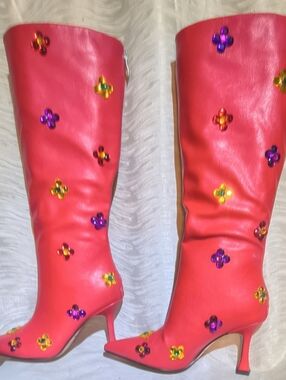 Designer Women's Red Leather Rhinestone Embellished Knee-High Boots Sz 8M